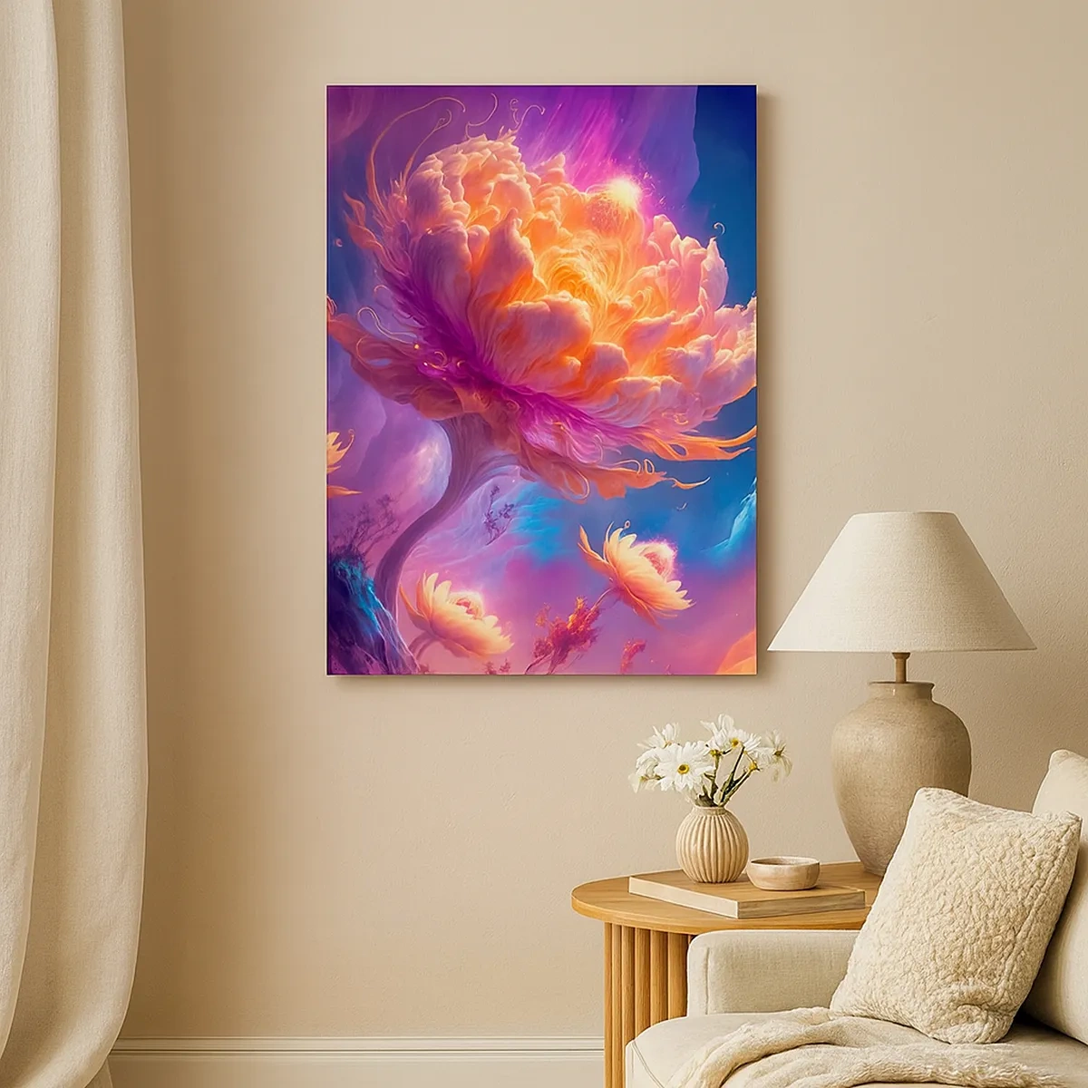 Cuadro sobre lienzo - Impresión de Imagen - Flores de fantasía en un paisaje cósmico. - 50x70cm - Otro mundo - Decoración de pared moderna para salón y dormitorio ARTTOR