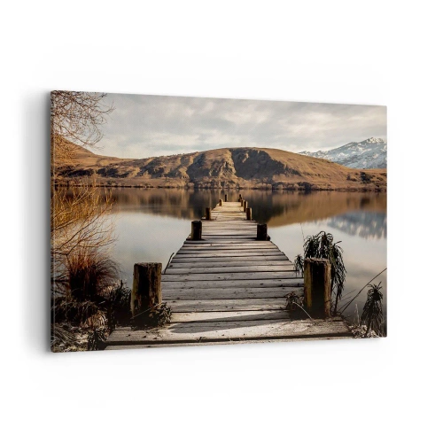 Cuadro sobre lienzo - Impresión de Imagen - Un muelle de madera sobre un lago rodeado de pintorescas colinas. - 120x80cm - Un paisaje en silencio - Decoración de pared moderna para salón y dormitorio ARTTOR
