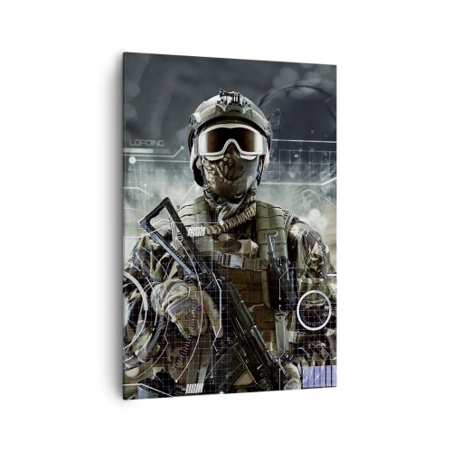 Cuadro sobre lienzo - Impresión de Imagen - Un soldado con un casco futurista y una pistola en un fondo de tecnología. - 70x100cm - De poder a poder - Decoración de pared moderna para salón y dormitorio ARTTOR