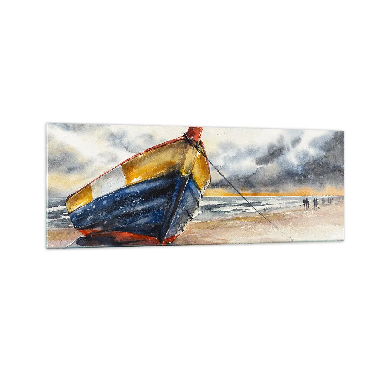 Cuadro sobre vidrio - Impresiones sobre Vidrio - Un pintoresco barco en la playa bajo un cielo nublado. - 140x50cm - Descansando en la orilla - Decoración de pared moderna para salón y dormitorio ARTTOR