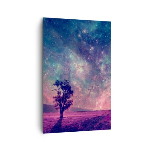 Cuadro sobre lienzo - Impresión de Imagen - Un árbol contra un cielo estrellado en colores púrpura y azul. - 80x120cm - Bajo un cielo mágico - Decoración de pared moderna para salón y dormitorio ARTTOR