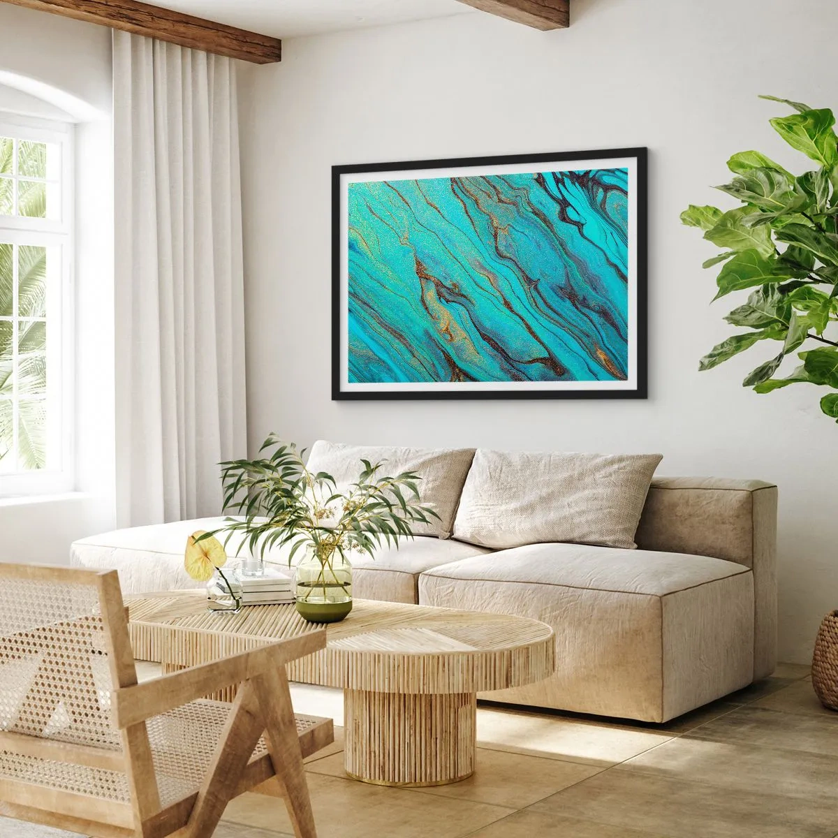 Póster en marco negro - Ondas abstractas en tonos turquesa y dorado - 70x50cm - Marea turquesa - Decoración de pared moderna para salón y dormitorio ARTTOR