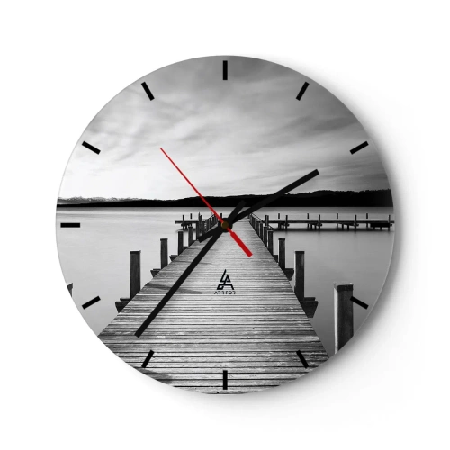 Reloj de pared - Reloj de vidrio - Un muelle de madera que conduce a las profundidades de un lago tranquilo. - 30x30cm - En el lago de la paz - Decoración de pared moderna para salón, cocina y dormitorio ARTTOR