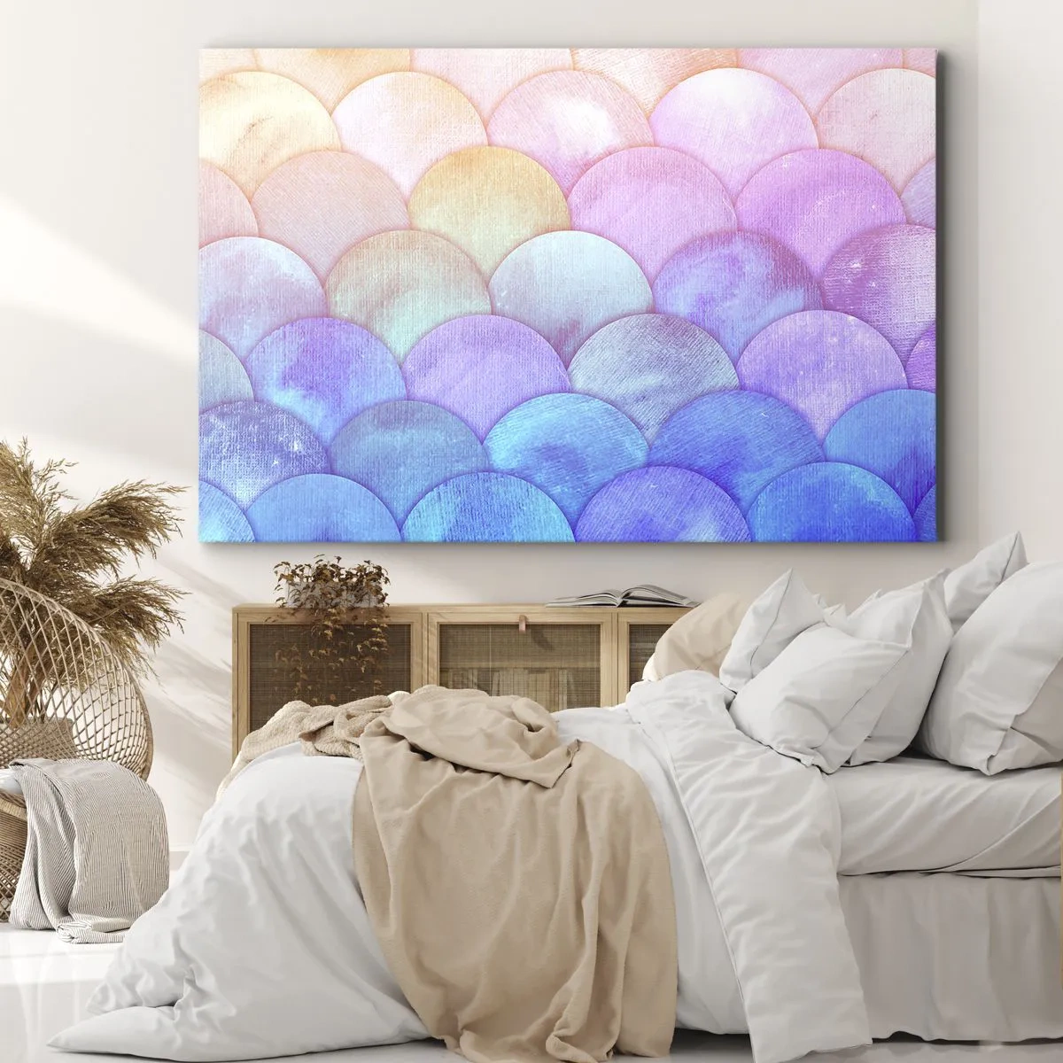 Cuadro sobre lienzo - Impresión de Imagen - Escamas abstractas en tonos pastel - 70x50cm - Concha de perla - Decoración de pared moderna para salón y dormitorio ARTTOR