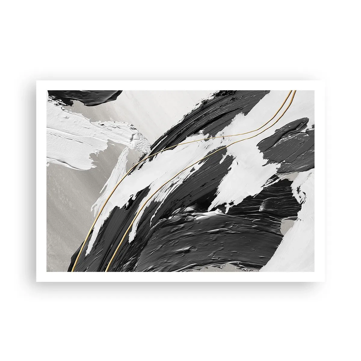 Póster - Trazos de pintura en blanco y negro con un sutil acento dorado. - 100x70cm - Abstracción con estilo - Decoración de pared moderna para salón y dormitorio ARTTOR
