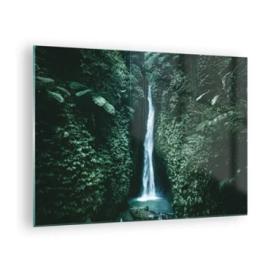 Cuadro sobre vidrio - Impresiones sobre Vidrio - Una cascada en medio de una densa vegetación tropical. - 70x50cm - Balneario tropical - Decoración de pared moderna para salón y dormitorio ARTTOR