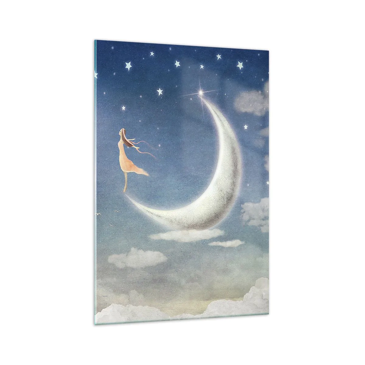 Cuadro sobre vidrio - Impresiones sobre Vidrio - Una mujer en la luna rodeada de estrellas y nubes. - 70x100cm - Pretendiente sobre azul - Decoración de pared moderna para salón y dormitorio ARTTOR