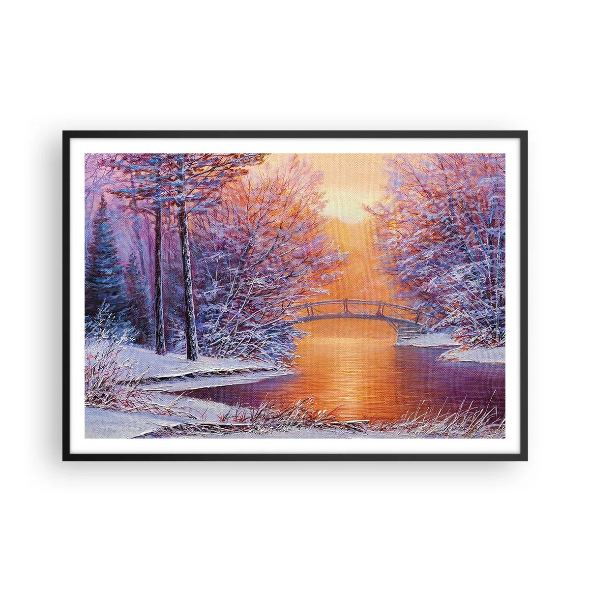 Póster en marco negro - Paisaje invernal con puente y puesta de sol - 100x70cm - Reunámonos aquí - Decoración de pared moderna para salón y dormitorio ARTTOR