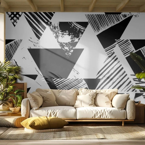 Fotomural Premium Canvas - Una lluvia de triángulos - Abstracción, Gráficos, En blanco y negro - 350x256 cm