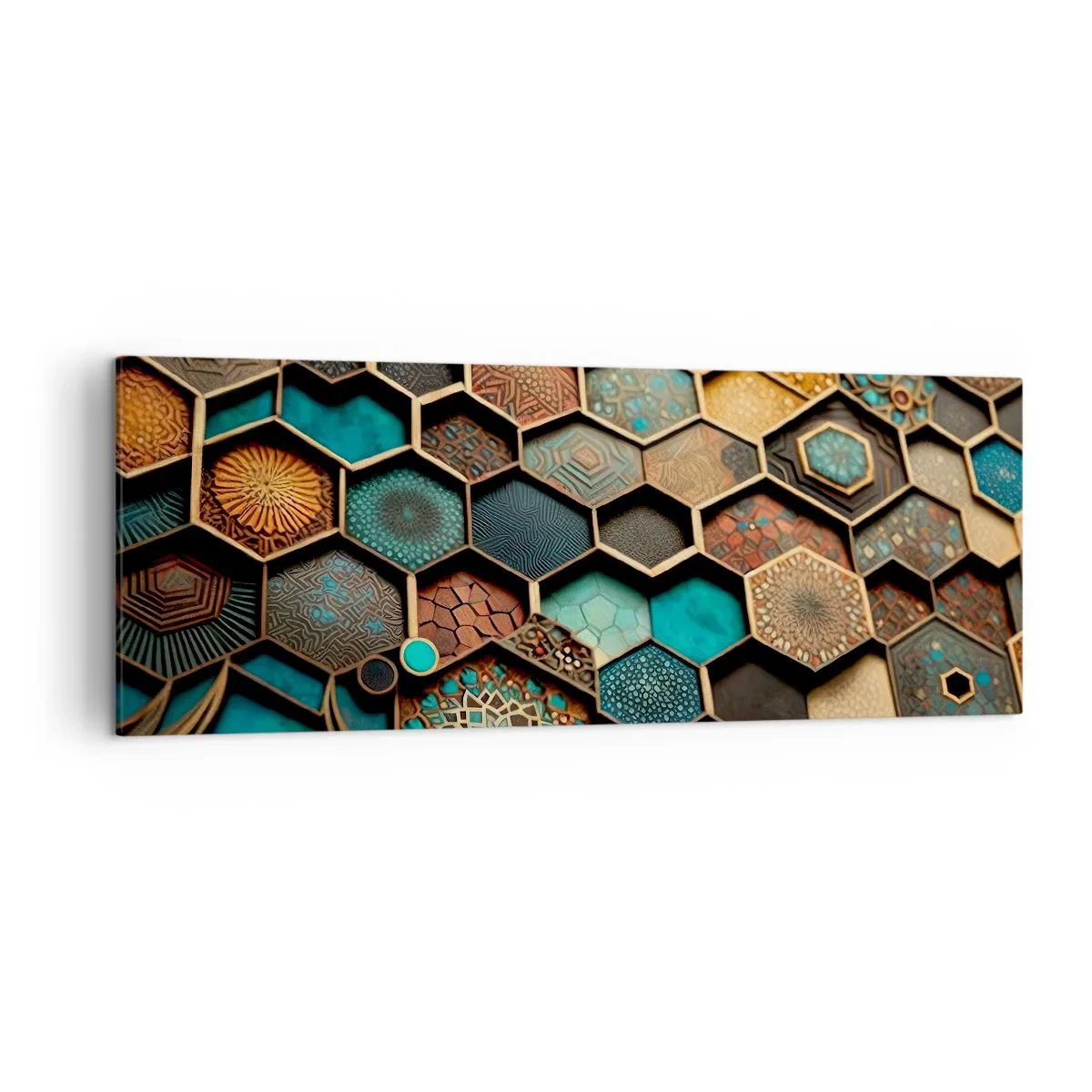 Cuadro sobre lienzo - Impresión de Imagen - Adornos coloridos en patrones hexagonales. - 140x50cm - Ornamentos árabes - Decoración de pared moderna para salón y dormitorio ARTTOR