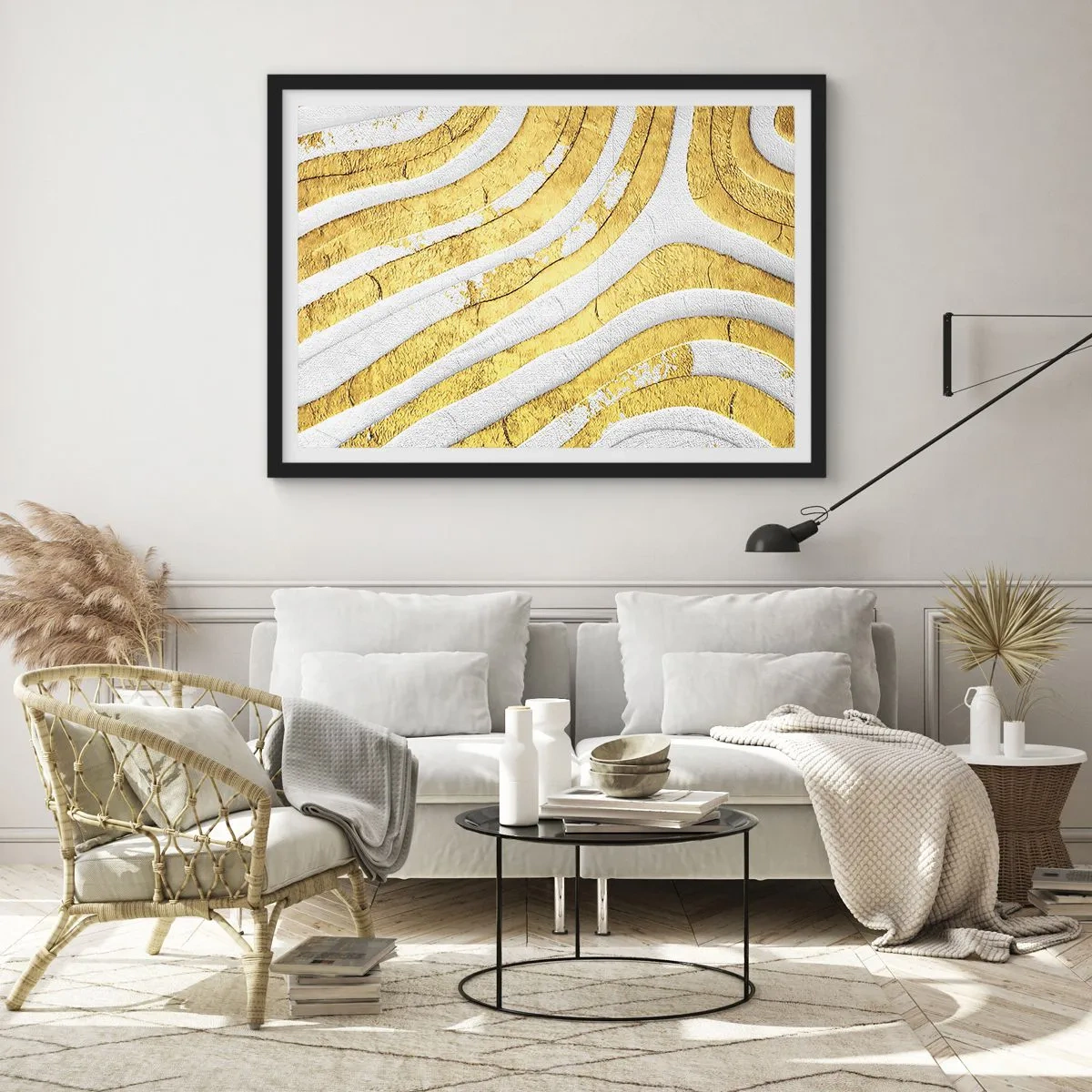 Póster en marco negro - Líneas abstractas doradas y blancas en una textura 3D - 70x50cm - Una composición en blanco y oro - Decoración de pared moderna para salón y dormitorio ARTTOR