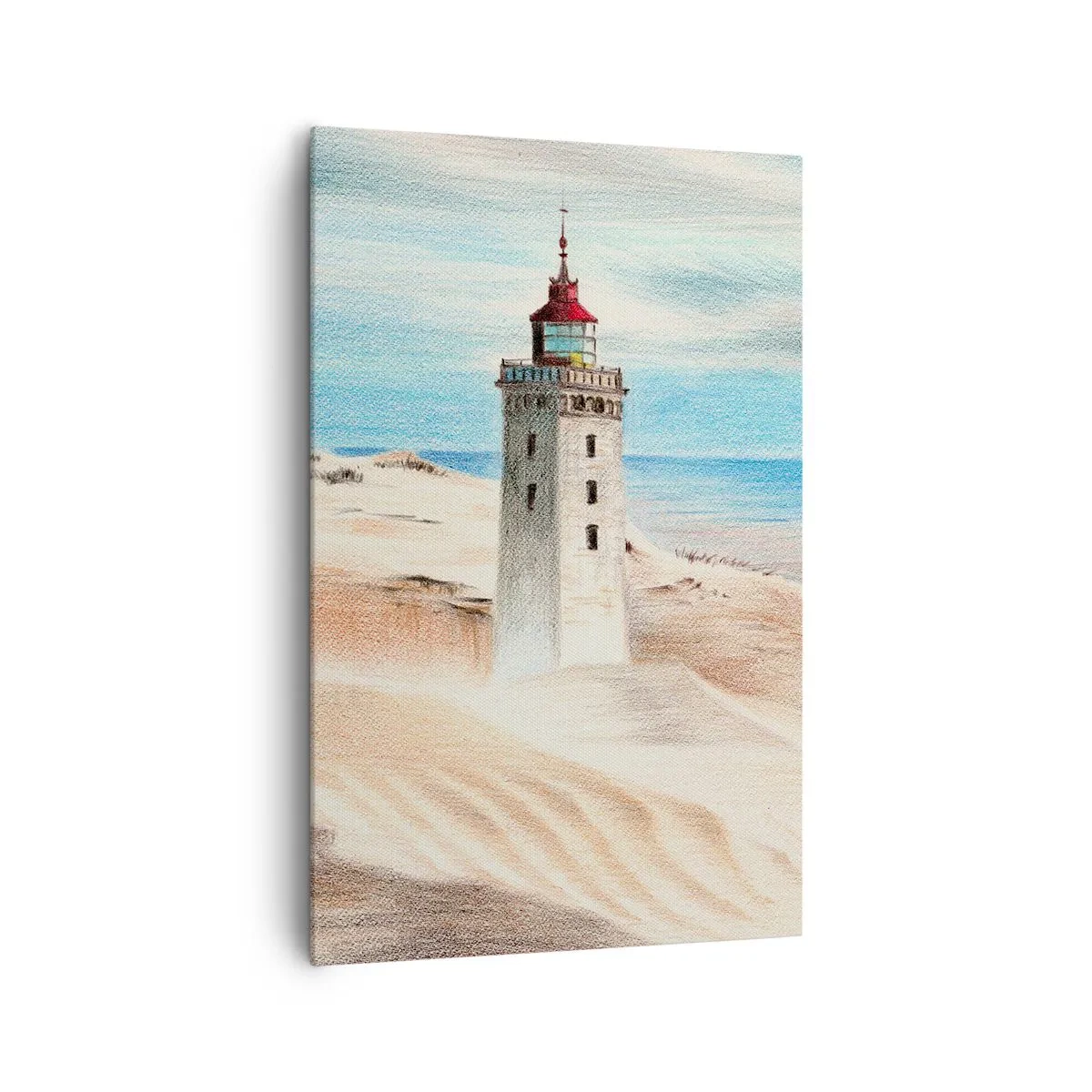 Cuadro sobre lienzo - Impresión de Imagen - Un faro rodeado de dunas de arena y un cielo azul. - 80x120cm - Siempre mirando al mar - Decoración de pared moderna para salón y dormitorio ARTTOR