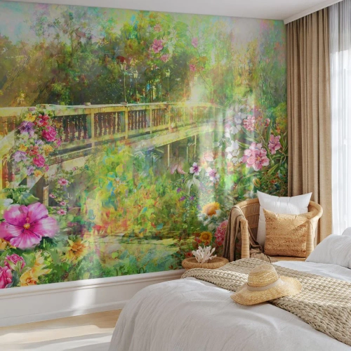 Fotomural Premium Sand - Un puente de suspiros de primavera - Paisaje, flores, Jardín - 350x256 cm