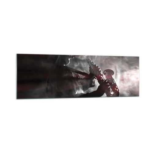 Cuadro sobre vidrio - Impresiones sobre Vidrio - Saxofonista en humo en el escenario en negro y rojo atmosférico - 160x50cm - En el vapor del jazz - Decoración de pared moderna para salón y dormitorio ARTTOR
