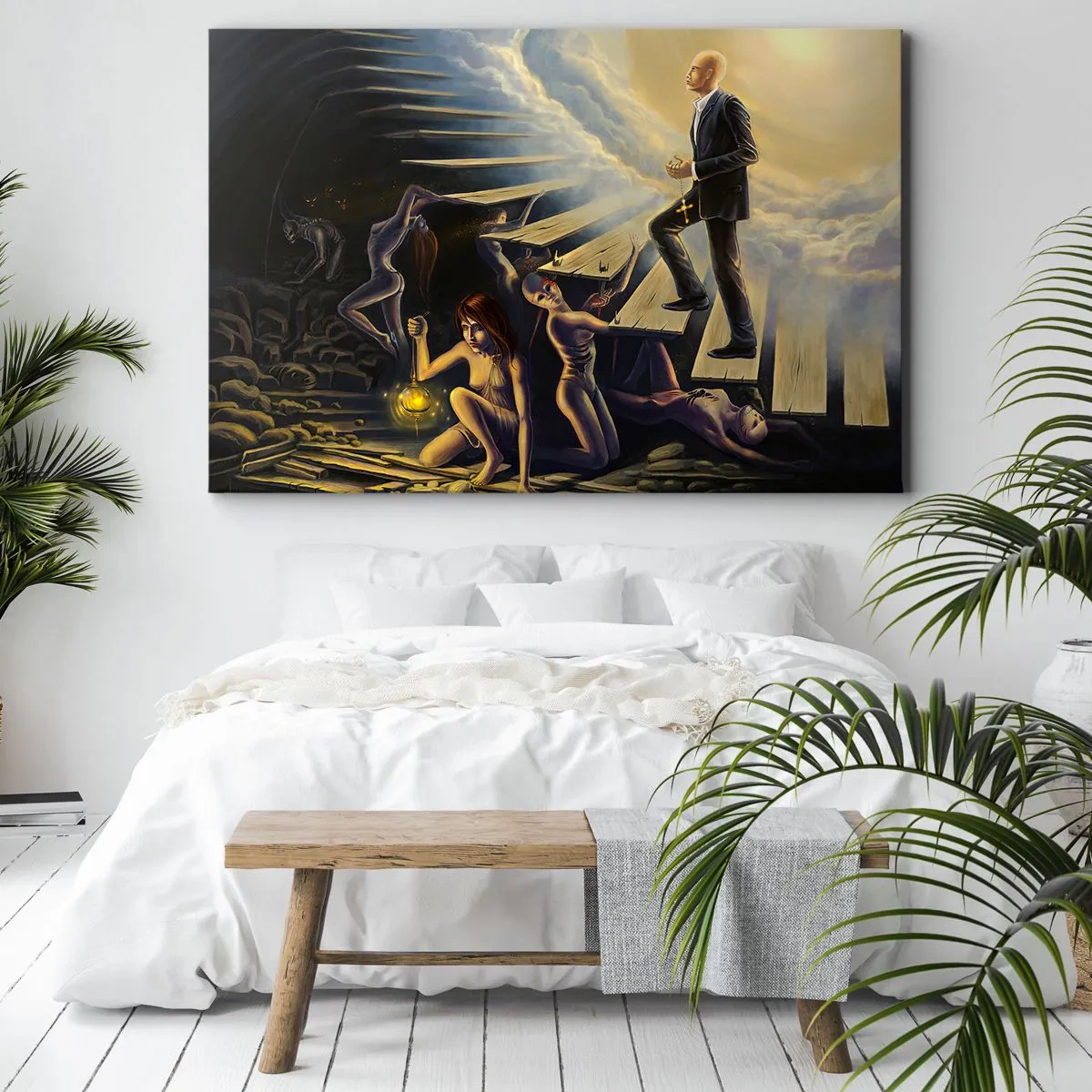 Cuadro sobre lienzo - Impresión de Imagen - Una escena simbólica del camino hacia la luz a través de una escalera destartalada. - 120x80cm - Dantesco viaje hacia la luz - Decoración de pared moderna para salón y dormitorio ARTTOR
