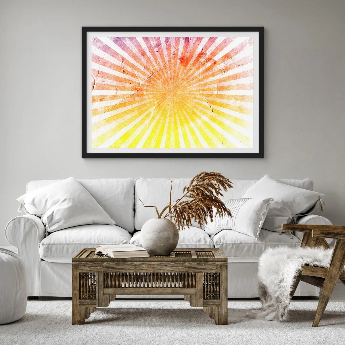 Póster en marco negro - Rayos de sol en tonos naranja y amarillo. - 70x50cm - Renacer del sol - Decoración de pared moderna para salón y dormitorio ARTTOR