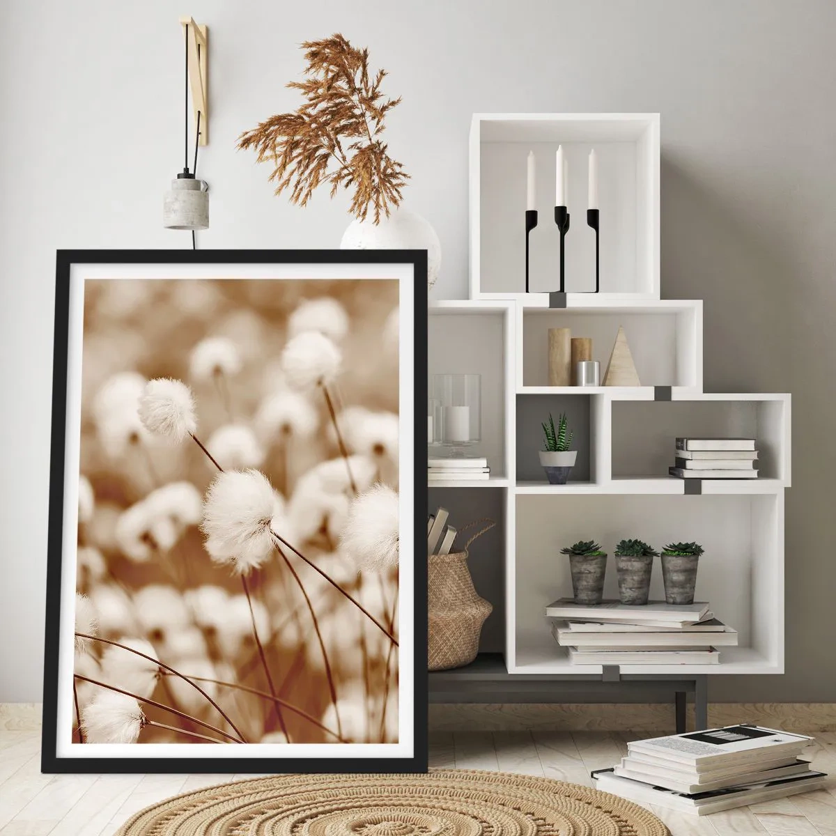 Póster en marco negro - Hojas de hierba esponjosas en una toma delicada - 50x70cm - Un mullido colchón - Decoración de pared moderna para salón y dormitorio ARTTOR
