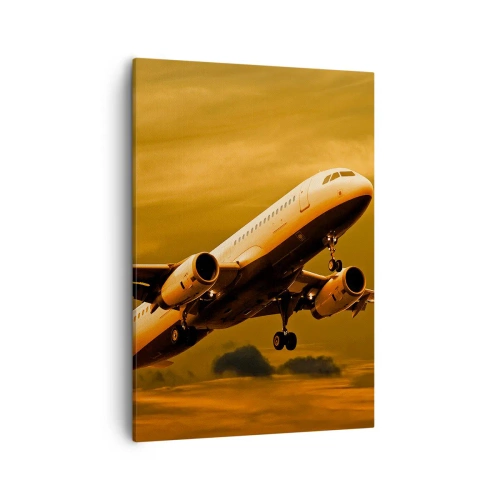 Cuadro sobre lienzo - Impresión de Imagen - Un avión de pasajeros despegando contra un cielo dorado al atardecer. - 50x70cm - Vuelo hacia el sol - Decoración de pared moderna para salón y dormitorio ARTTOR