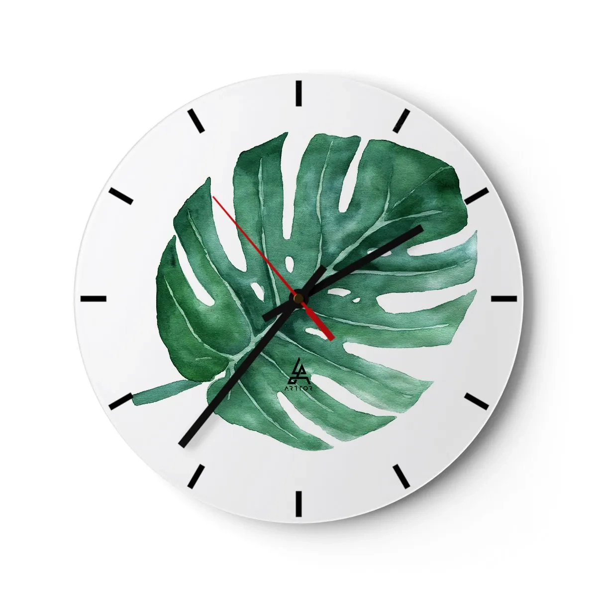 Reloj de pared - Reloj de vidrio - Ilustración en acuarela de una hoja de monstera - 30x30cm - Concepto verde - Decoración de pared moderna para salón, cocina y dormitorio ARTTOR