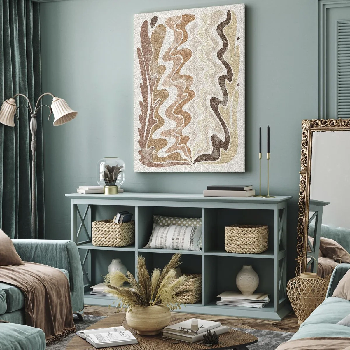 Cuadro sobre lienzo - Impresión de Imagen - Líneas abstractas onduladas en tonos beige - 50x70cm - Buena energía - buenas emociones - Decoración de pared moderna para salón y dormitorio ARTTOR