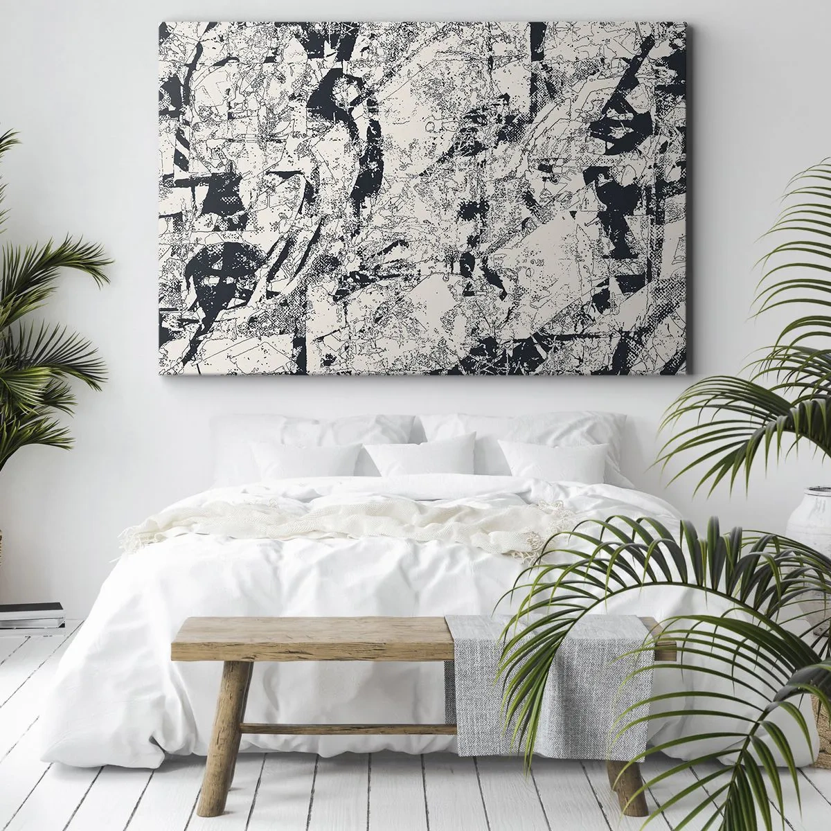 Cuadro sobre lienzo - Impresión de Imagen - Composición abstracta en blanco y negro con un diseño dinámico. - 70x50cm - La interpenetración de los opuestos - Decoración de pared moderna para salón y dormitorio ARTTOR