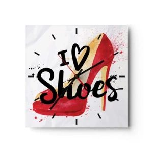 Reloj de pared - Reloj de vidrio - Stiletto rojo con la inscripción I love Shoes sobre fondo blanco - 30x30cm - El amor tiene más de un nombre - Decoración de pared moderna para salón y dormitorio ARTTOR
