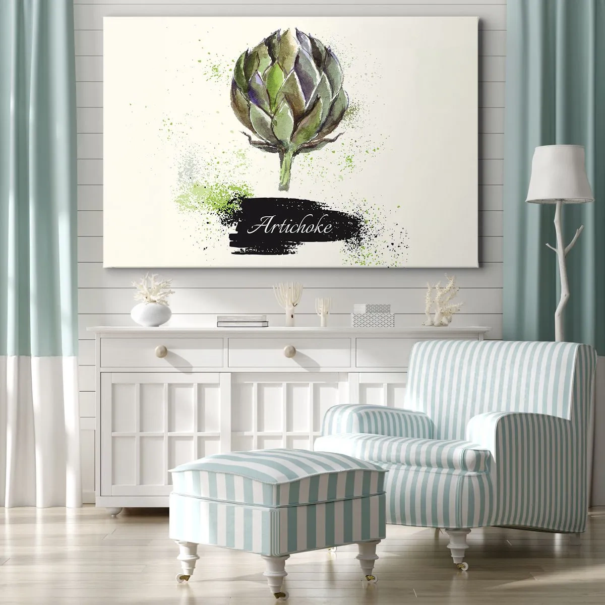 Cuadro sobre lienzo - Impresión de Imagen - Alcachofa de acuarela con texto sobre un fondo claro con acentos verdes. - 70x50cm - El sabor del otoño - Decoración de pared moderna para salón y dormitorio ARTTOR