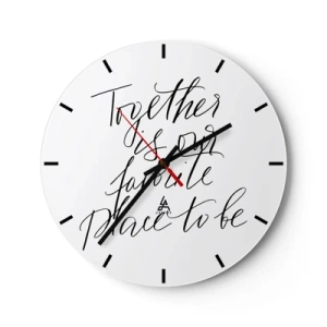 Reloj de pared - Reloj de vidrio - La cita "Juntos es nuestro lugar favorito para estar" frente a un fondo de reloj blanco. - 30x30cm - ¿Tú también lo sientes? - Decoración de pared moderna para salón, cocina y dormitorio ARTTOR