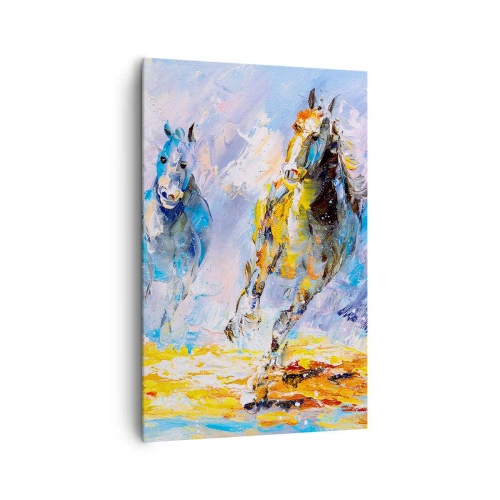 Cuadro sobre lienzo - Impresión de Imagen - Dos caballos en movimiento con el telón de fondo de un paisaje abstracto. - 80x120cm - Galopando a través del resplandor - Decoración de pared moderna para salón y dormitorio ARTTOR