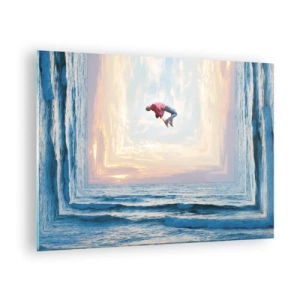 Cuadro sobre vidrio - Impresiones sobre Vidrio - Un hombre saltando sobre el mar en un marco surrealista. - 70x50cm - A otra dimensión - Decoración de pared moderna para salón y dormitorio ARTTOR