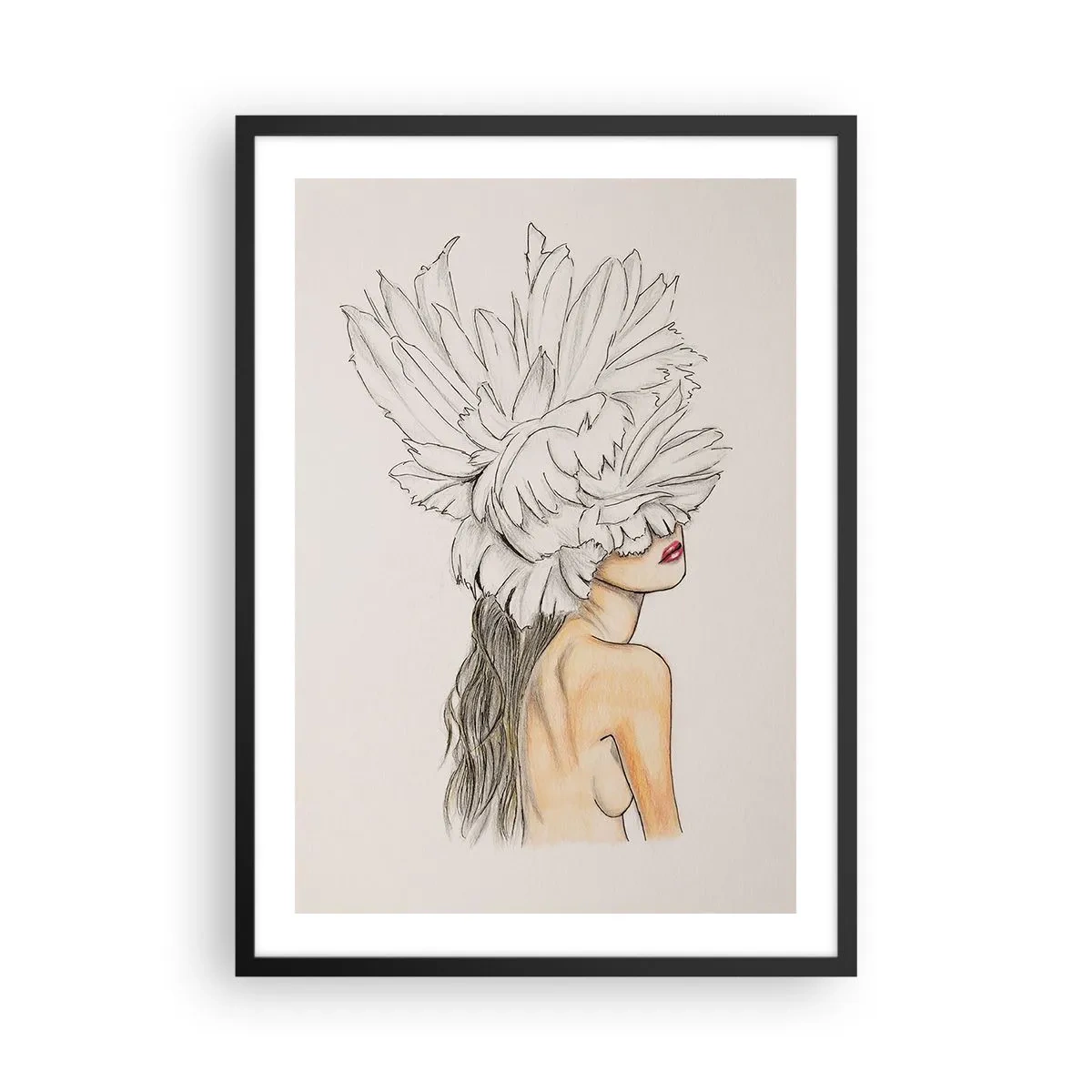 Póster en marco negro - Retrato de una mujer con un sombrero de plumas en estilo artístico. - 50x70cm - Belleza coronada - Decoración de pared moderna para salón y dormitorio ARTTOR