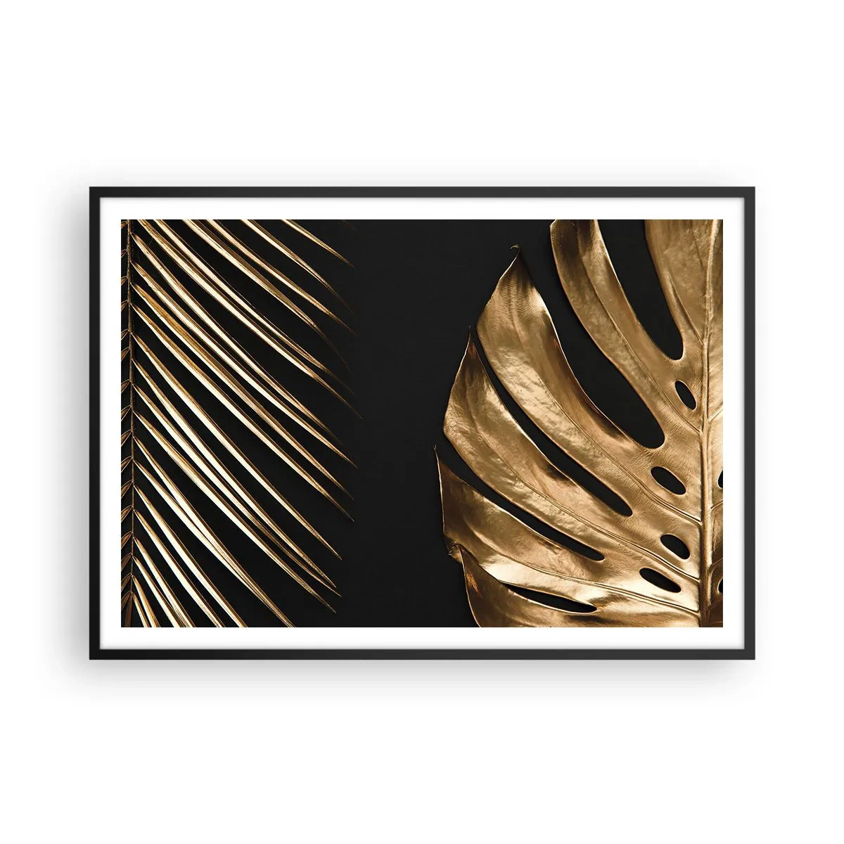 Póster en marco negro - Hojas doradas sobre fondo negro - 100x70cm - Diferente, e igualmente valioso - Decoración de pared moderna para salón y dormitorio ARTTOR