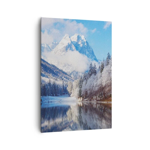 Cuadro sobre lienzo - Impresión de Imagen - Paisaje invernal de montaña con árboles cubiertos de nieve y un lago. - 70x100cm - Guardia de nieve - Decoración de pared moderna para salón y dormitorio ARTTOR