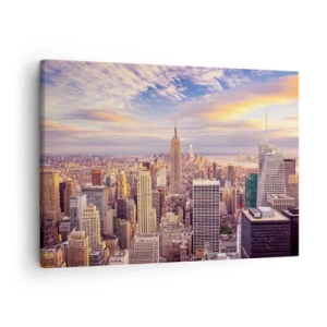 Cuadro sobre lienzo - Impresión de Imagen - Panorama de una ciudad moderna con rascacielos al atardecer - 70x50cm - Alcanzar las nubes - Decoración de pared moderna para salón y dormitorio ARTTOR