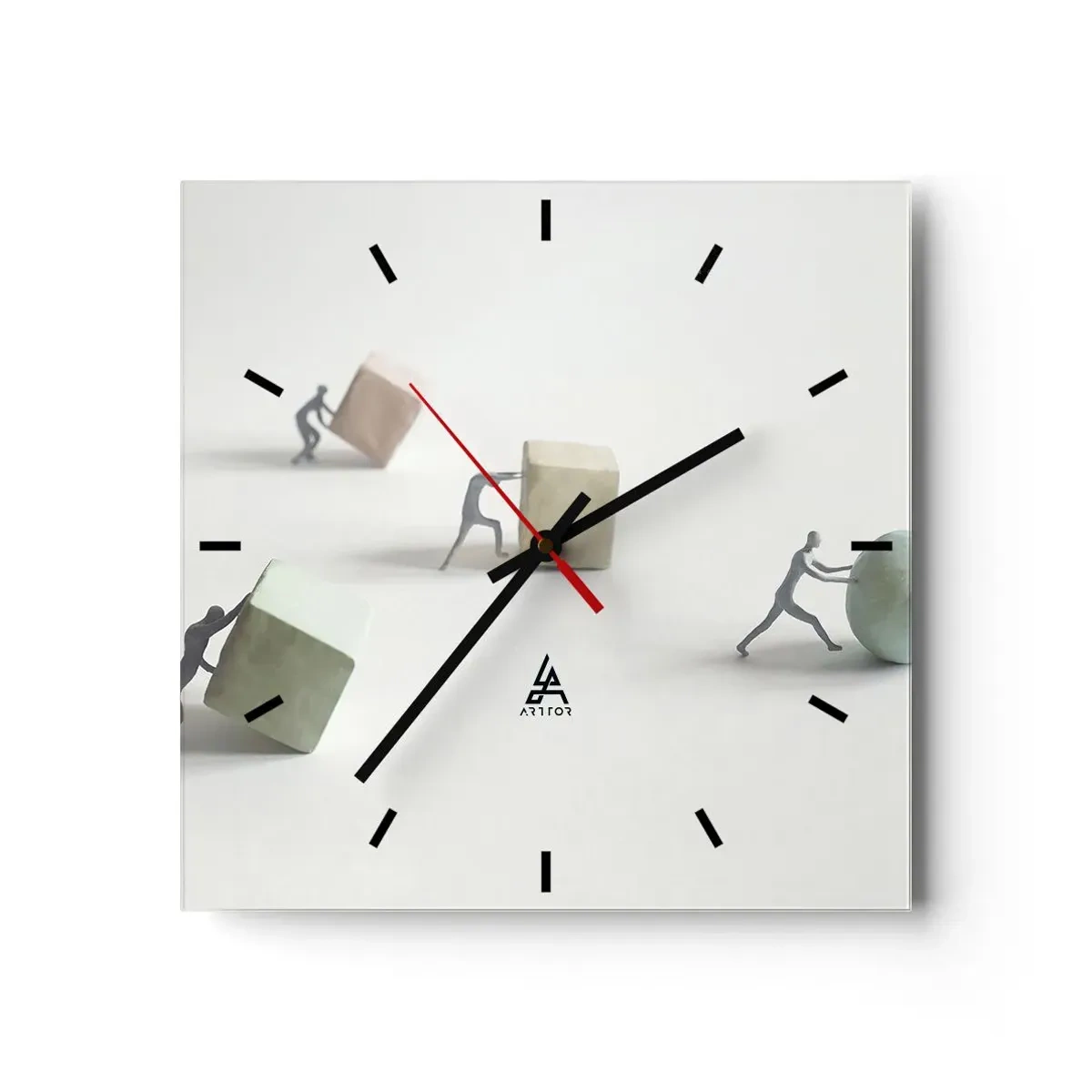 Reloj de pared - Reloj de vidrio - Figuras en miniatura que empujan formas contra un fondo claro. - 30x30cm - El avance de la geometría - Decoración de pared moderna para salón y dormitorio ARTTOR