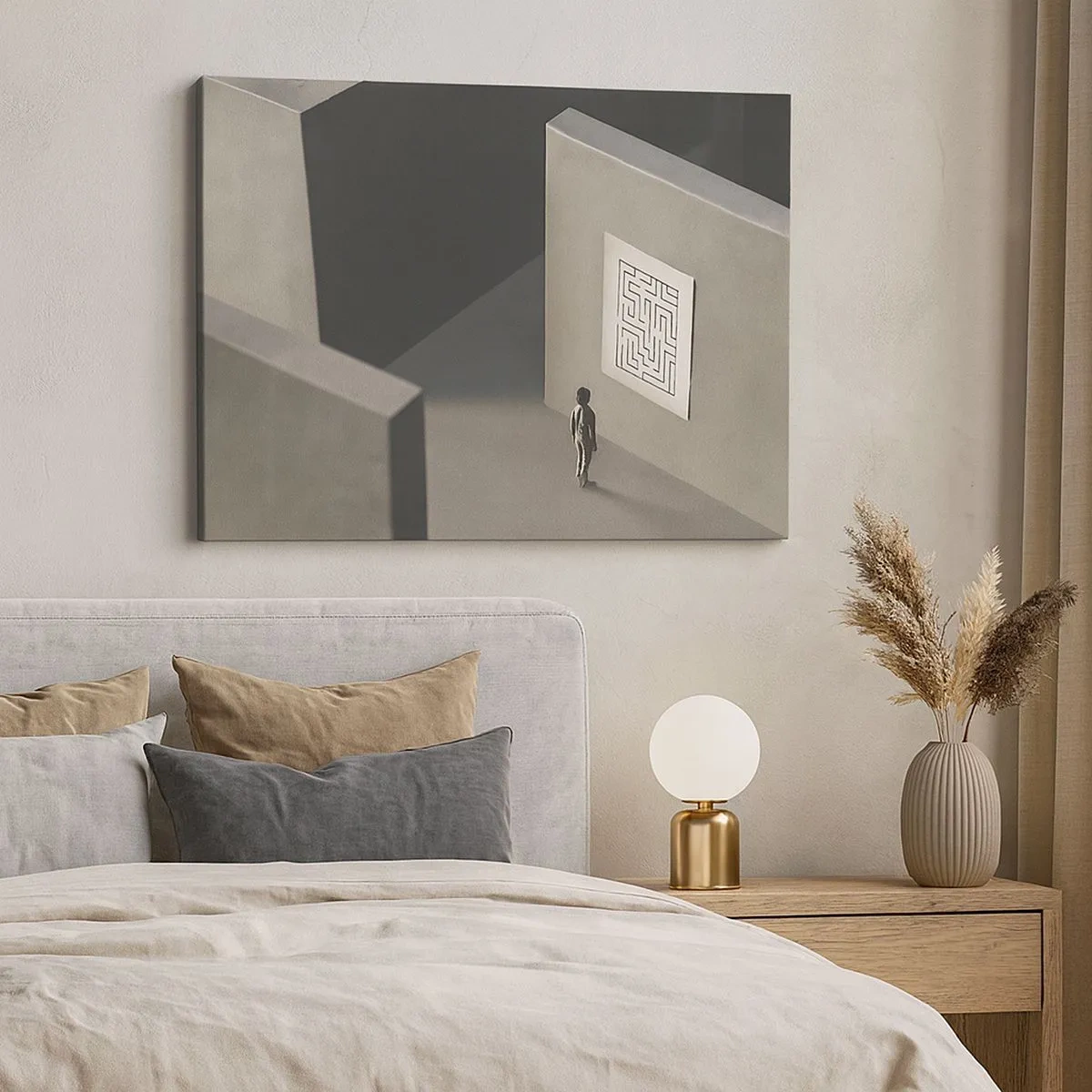 Cuadro sobre lienzo - Impresión de Imagen - Una figura en un laberinto mirando un mapa colgado. - 70x50cm - ¿Pero dónde estoy? - Decoración de pared moderna para salón y dormitorio ARTTOR