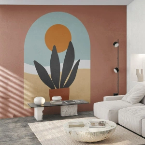 Fotomural Premium Sand - Gráfico minimalista de planta en maceta con puesta de sol - 100x70cm - Pequeñas alegrías - Decoración de pared moderna para salón y dormitorio ARTTOR