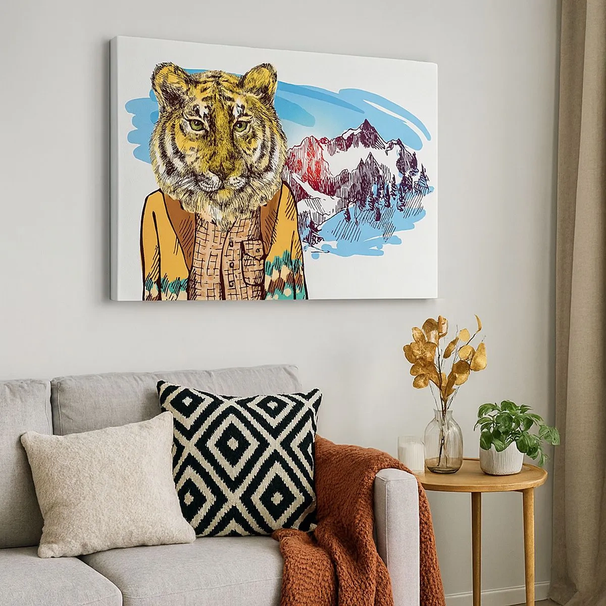 Cuadro sobre lienzo - Impresión de Imagen - Un tigre con abrigo frente a un paisaje montañoso. - 70x50cm - No es tan salvaje como dicen - Decoración de pared moderna para salón y dormitorio ARTTOR
