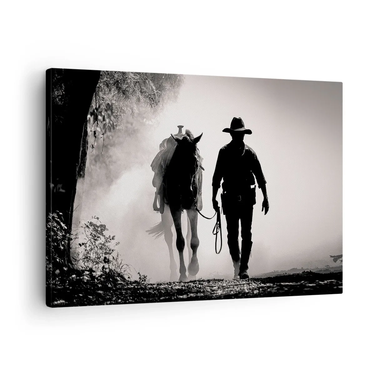 Cuadro sobre lienzo - Impresión de Imagen - Vaquero con caballo en la niebla de la mañana - 70x50cm - La mañana de Texas - Decoración de pared moderna para salón y dormitorio ARTTOR