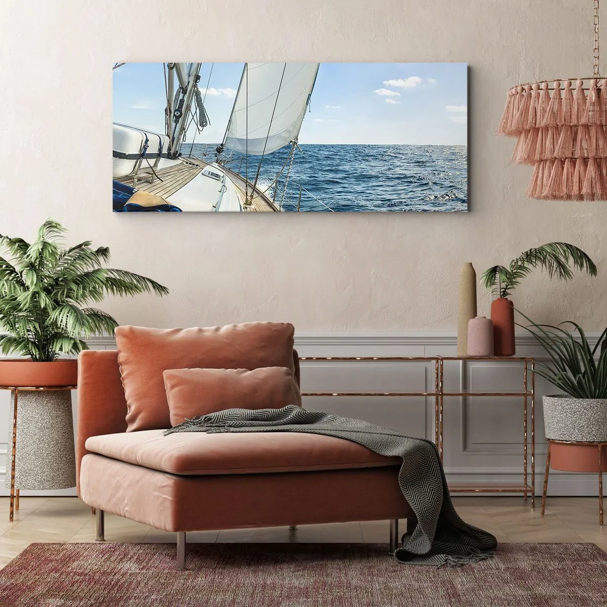 Cuadro sobre lienzo - Impresión de Imagen - Un velero en un mar tranquilo bajo un cielo azul. - 140x50cm - Ahoy, a la aventura - Decoración de pared moderna para salón y dormitorio ARTTOR