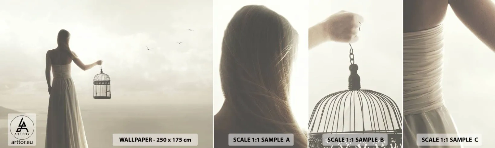 Muestra De Fotomural Standard Eco - Sé libre - Mujer, Jaula de pájaros, Pájaro - 100x30 cm
