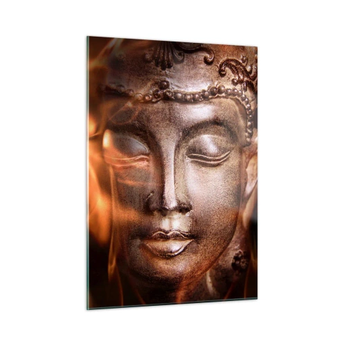 Cuadro sobre vidrio - Impresiones sobre Vidrio - El rostro brumoso de Buda en tonos cálidos de oro y marrón. - 50x70cm - Solo existe el aquí y el ahora - Decoración de pared moderna para salón y dormitorio ARTTOR