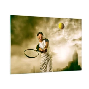 Cuadro sobre vidrio - Impresiones sobre Vidrio - Un jugador de tenis golpea la pelota con una ciudad como telón de fondo. - 100x70cm - Energía y alegría - Decoración de pared moderna para salón y dormitorio ARTTOR
