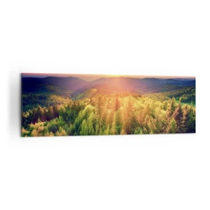Cuadro sobre lienzo - Impresión de Imagen - Paisaje forestal con puesta de sol sobre las colinas - 160x50cm - Desde lo alto - Decoración de pared moderna para salón y dormitorio ARTTOR