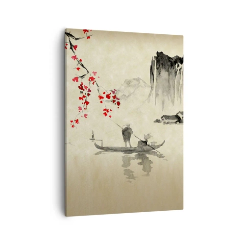 Cuadro sobre lienzo - Impresión de Imagen - Ilustración oriental con un barco y una rama floreciente. - 50x70cm - En el país de los cerezos en flor - Decoración de pared moderna para salón y dormitorio ARTTOR