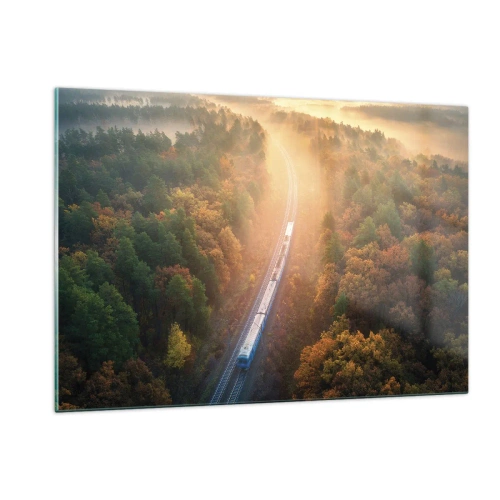 Cuadro sobre vidrio - Impresiones sobre Vidrio - Un tren en un pintoresco paisaje otoñal, lleno de calidez y nostalgia. - 120x80cm - Un viaje otoñal - Decoración de pared moderna para salón y dormitorio ARTTOR
