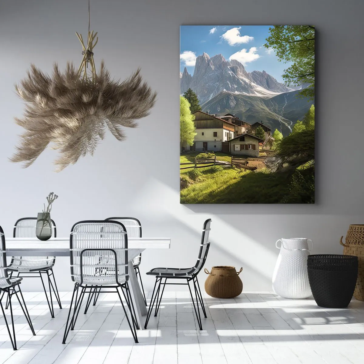 Cuadro sobre lienzo - Impresión de Imagen - Un pueblo de montaña con casas y vistas a los Alpes. - 70x100cm - Idilio alpino - Decoración de pared moderna para salón y dormitorio ARTTOR