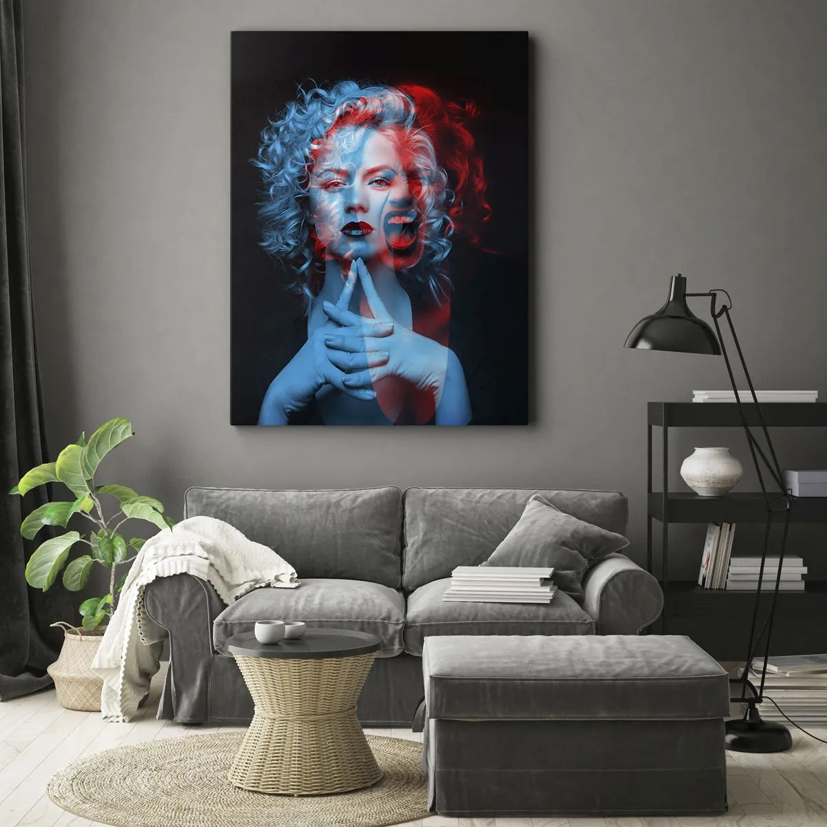 Cuadro sobre lienzo - Impresión de Imagen - Doble retrato de una mujer en rojo y azul - 70x100cm - Alter ego - Decoración de pared moderna para salón y dormitorio ARTTOR