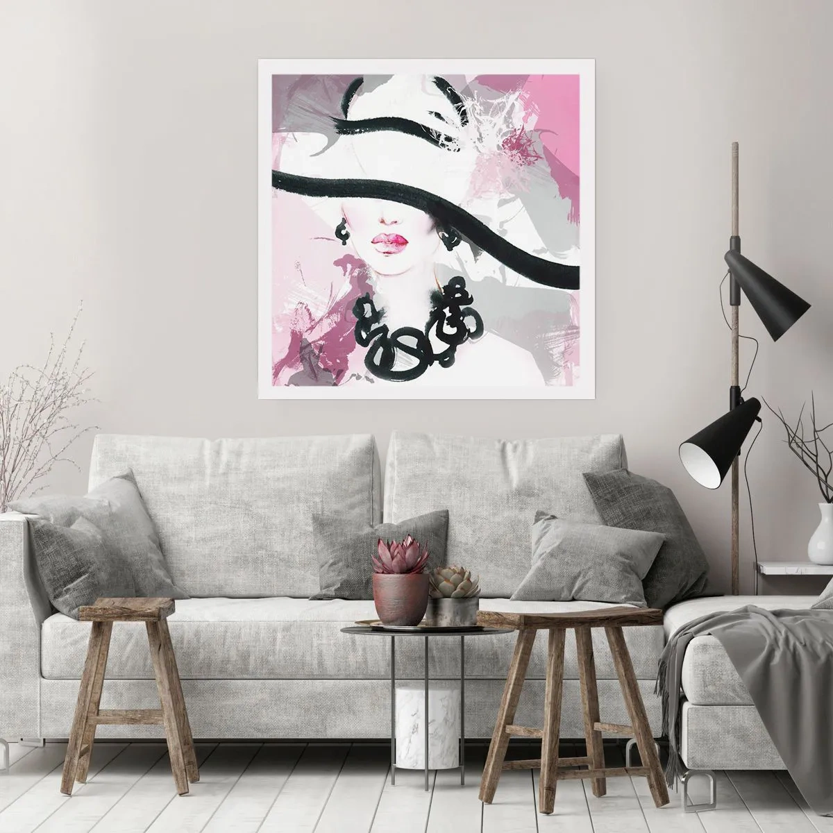 Póster - Retrato de una dama en negro y rosa - 30x30 cm