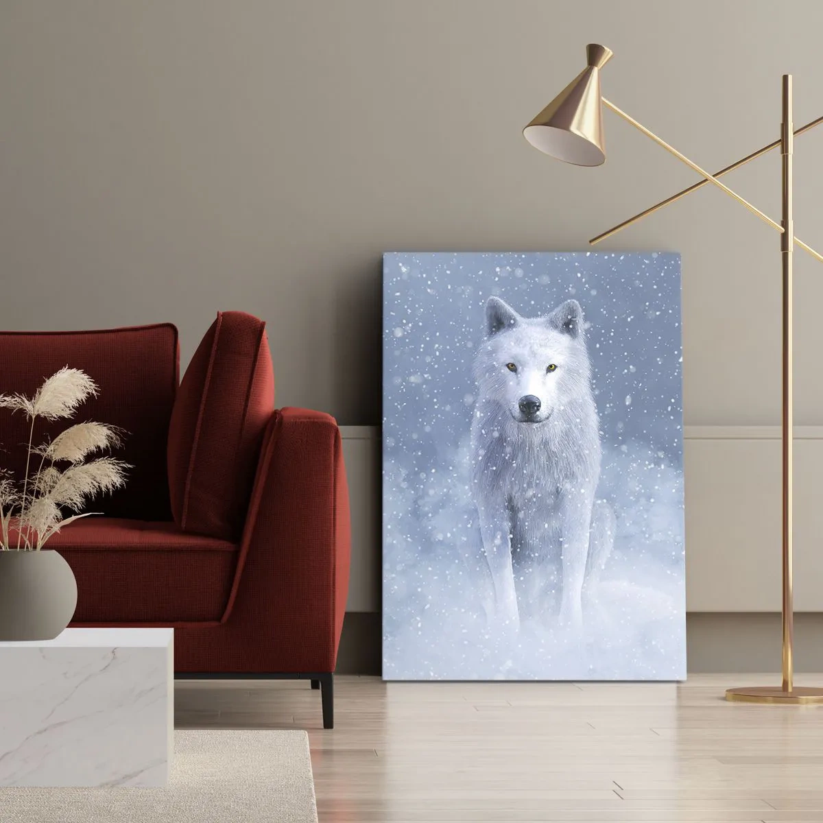 Cuadro sobre lienzo - Impresión de Imagen - Lobo blanco en un paisaje nevado - 50x70cm - El espíritu del invierno - Decoración de pared moderna para salón y dormitorio ARTTOR